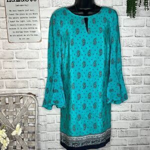 Juicy Couture 100% Silk Long Bell Sleeve Paisley Print Dress Size 6 Boho Hippie